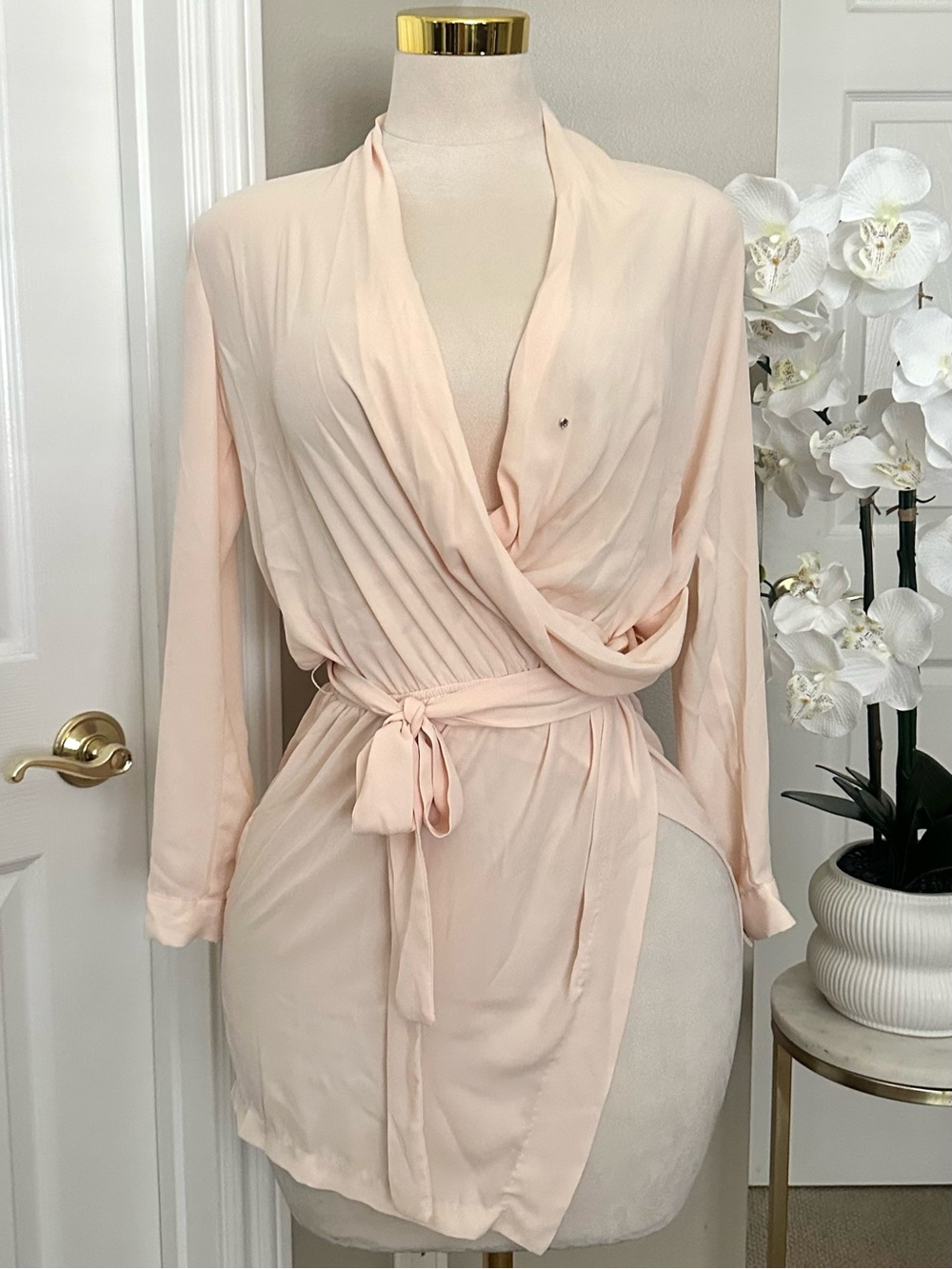 JLUXLABEL Blush Pink Wrap Mini Shirt Dress w/ Draped Neck, Tie Waist & Side Slit